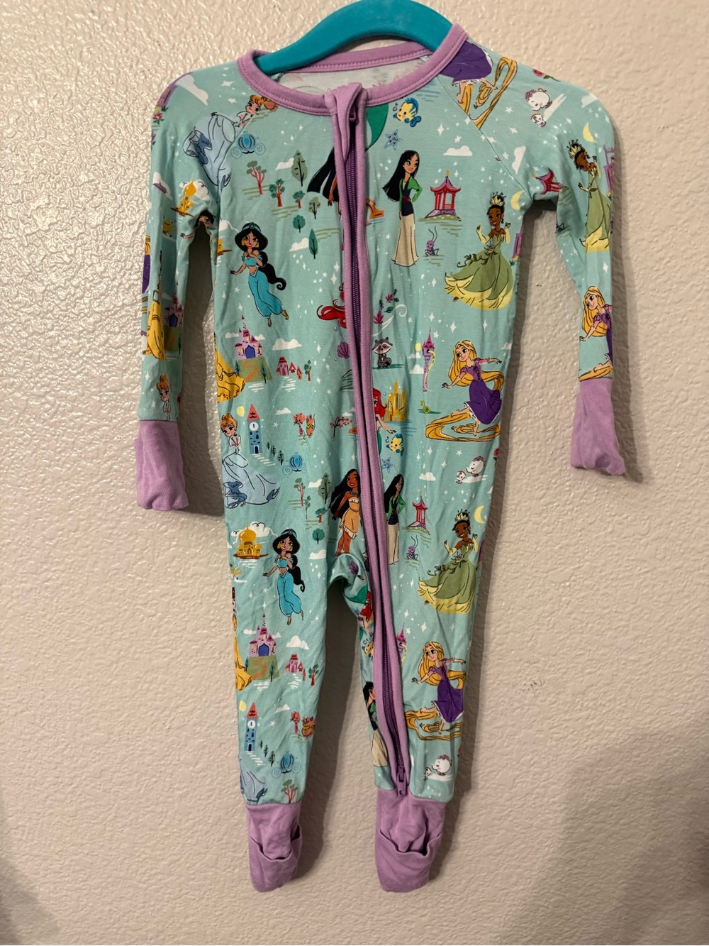 Little Sleepies Teal Princess Print Footed One-Piece with Purple Trim